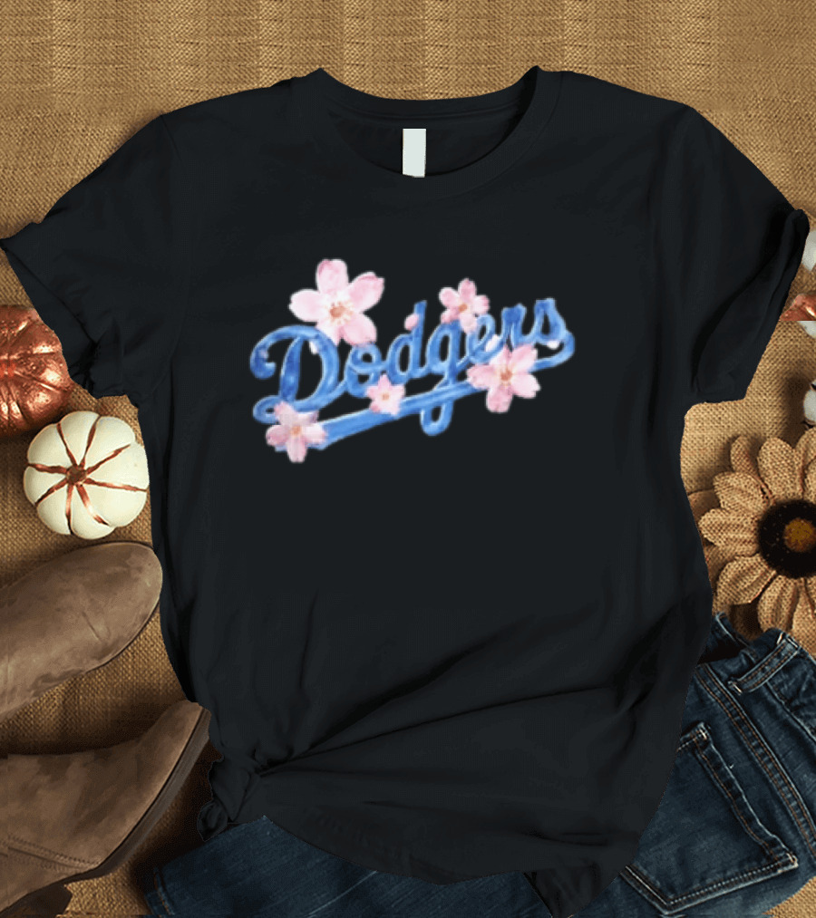 Los Angeles Dodgers Blue Script Pink Flowers T-Shirt