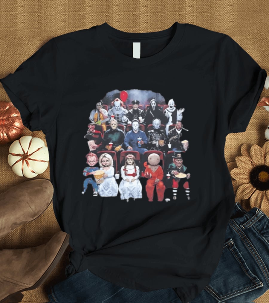 Horror Movie Characters In Cinema Seating With Popcorn And Drinks T-Shirt