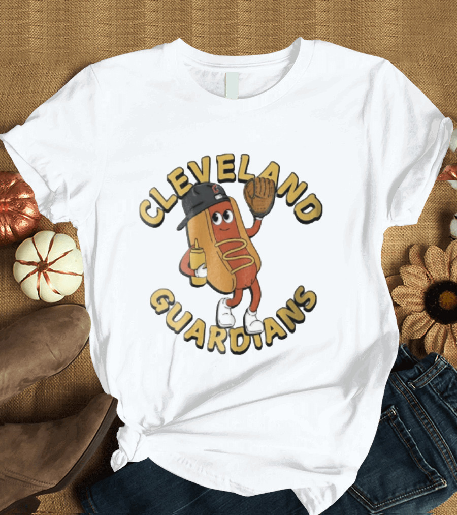 Cleveland Guardians Hot Dog Baseball Mascot Mustard Glove T-Shirt