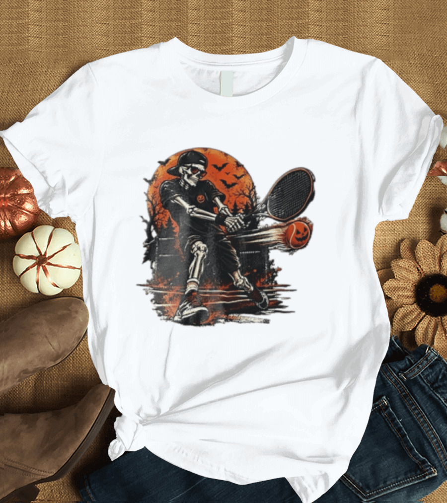 Halloween Skeleton Tennis Player With Pumpkin Ball And Full Moon T-Shirt
