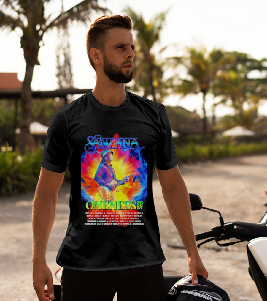 Santana Oneness 2026 Tour Carlos Santana Fire And Ice Tinley Park IL To Santa Barbara CA T-Shirt