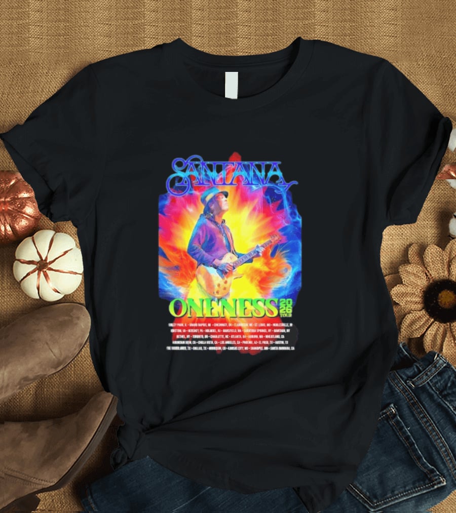 Santana Oneness 2026 Tour Carlos Santana Fire And Ice Tinley Park IL To Santa Barbara CA T-Shirt