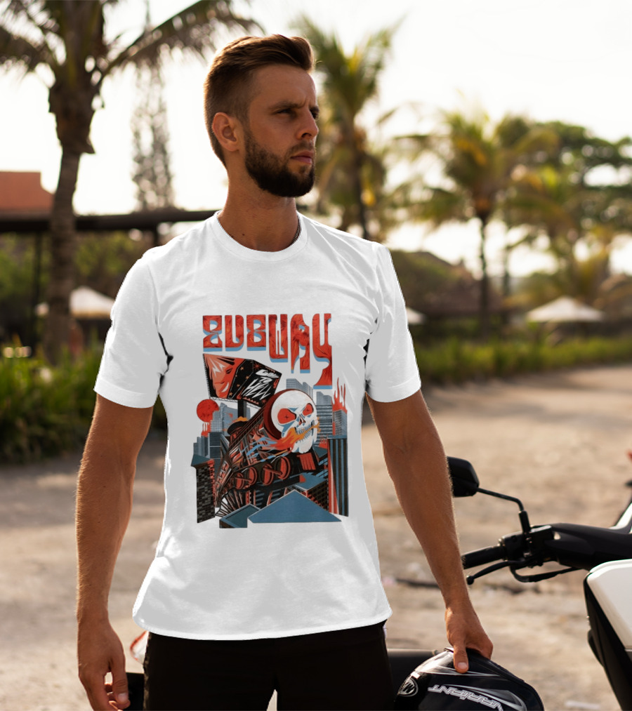 Subway Goes To Hell Skull Train Surreal Cityscape T-Shirt