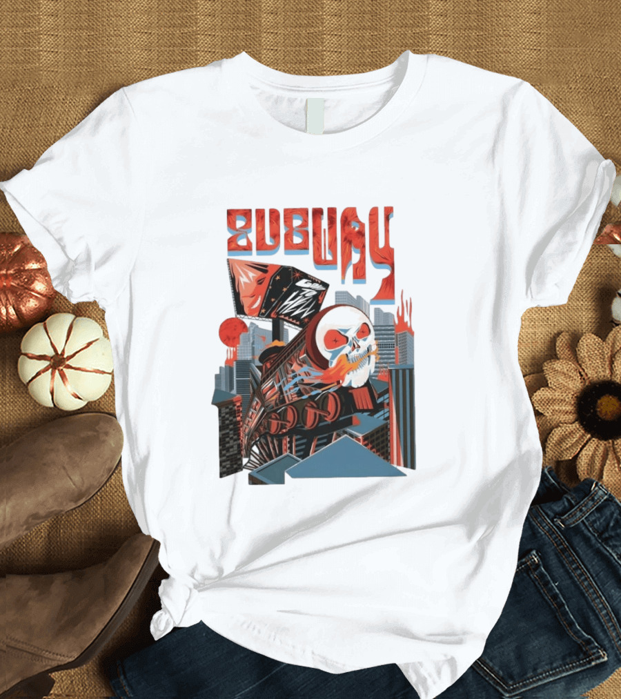Subway Goes To Hell Skull Train Surreal Cityscape T-Shirt