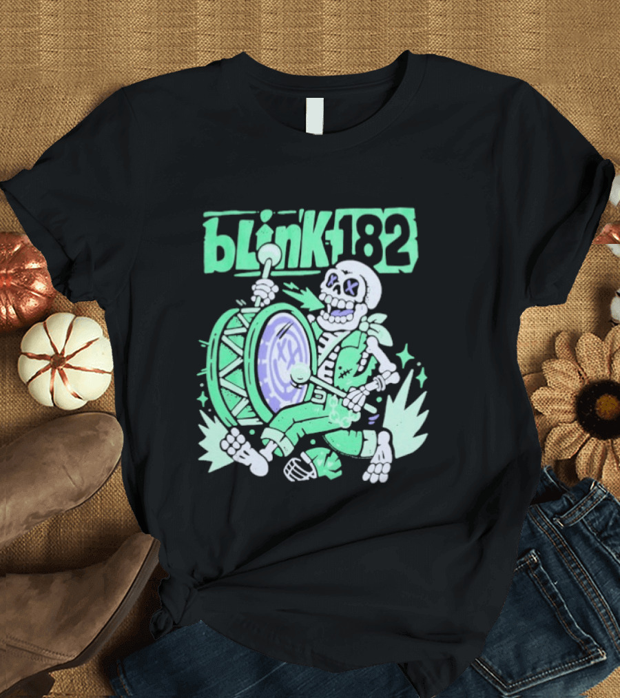 Blink 182 Skeleton Drum Art With Playful Percussion T-Shirt