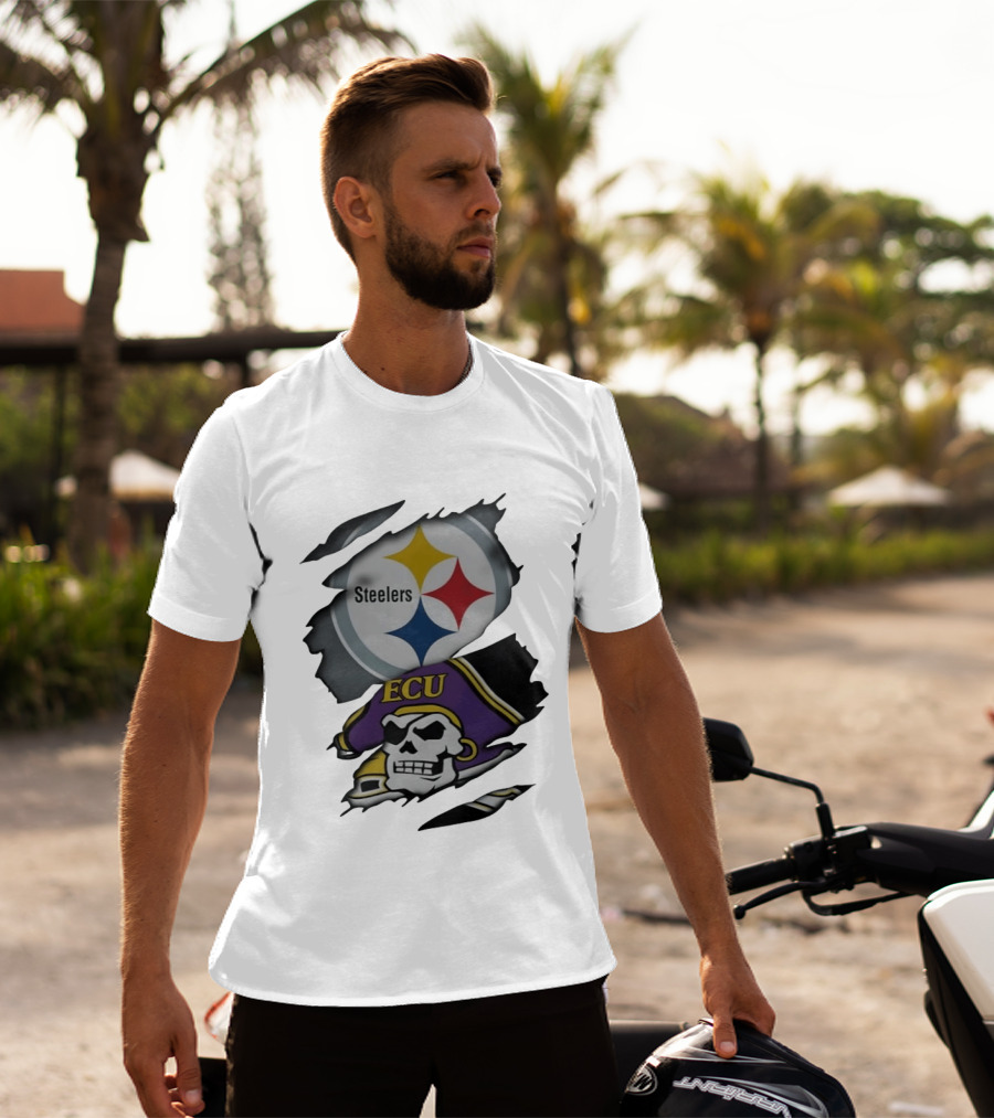 Pittsburgh Steelers And ECU Pirates Ripped T-Shirt
