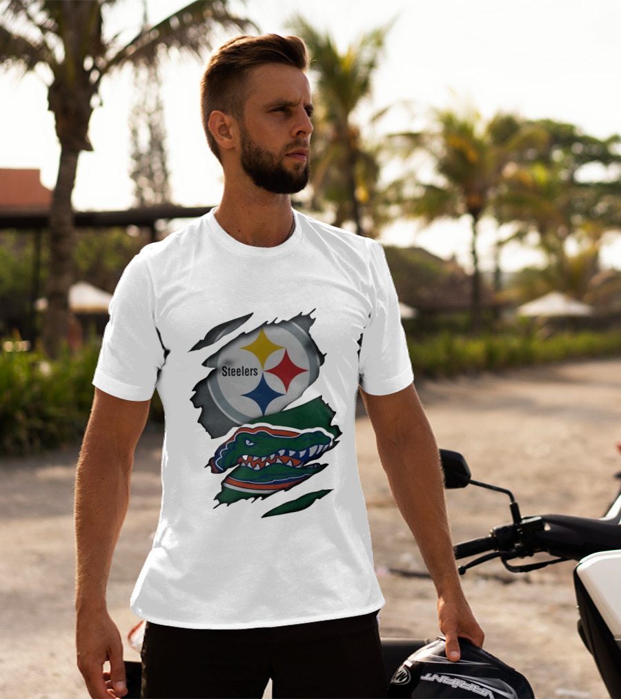 Pittsburgh Steelers Florida Gators Ripped Skin Effect Logos T-Shirt