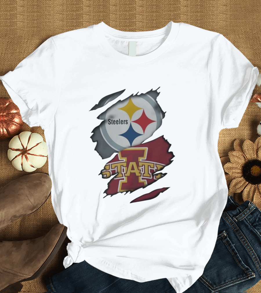 Pittsburgh Steelers Iowa State Cyclones Ripped Fabric Football Fandom Fusion T-Shirt