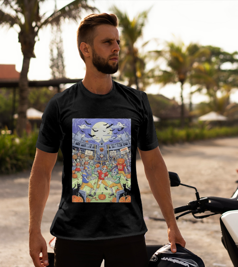 American Football Skeleton Players Halloween Spooky Stadium Night Pumpkins Ghosts Bats T-Shirt
