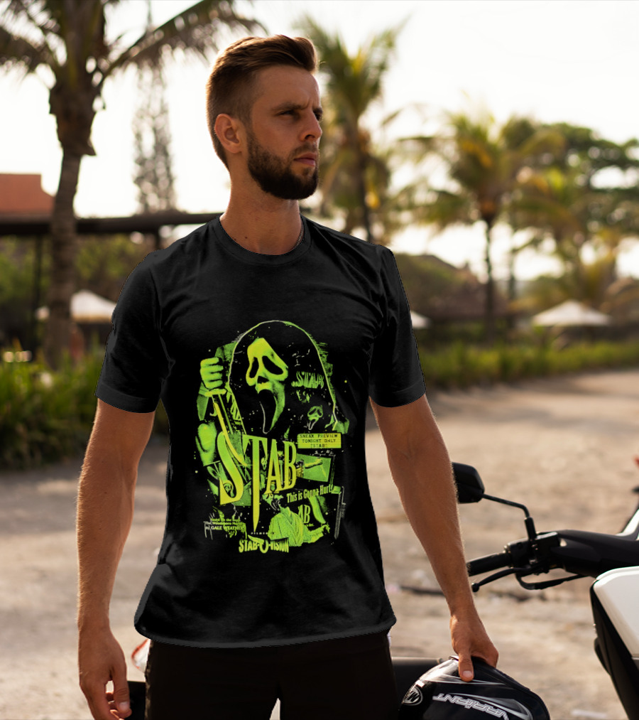 Ghostface Stab O Vision Horror Movie Mask Knife Graphic Neon T-Shirt