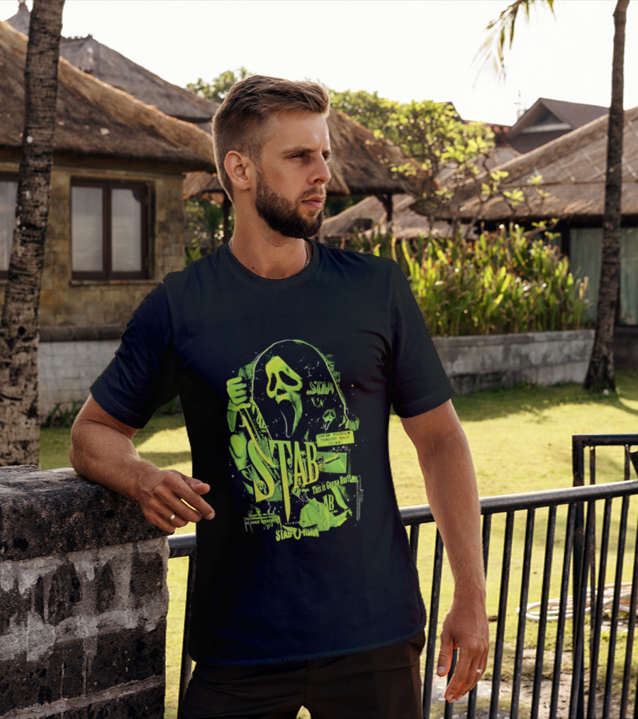 Ghostface Stab O Vision Horror Movie Mask Knife Graphic Neon T-Shirt