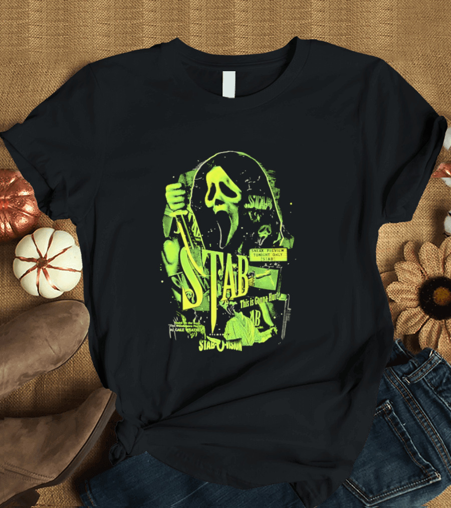 Ghostface Stab O Vision Horror Movie Mask Knife Graphic Neon T-Shirt
