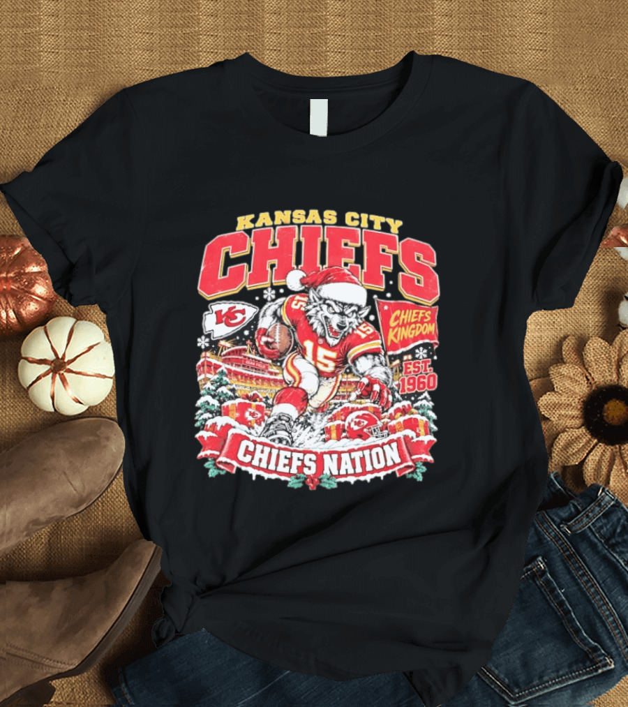 Kansas City Chiefs Kingdom Est 1960 Chiefs Nation Christmas Santa Football T-Shirt
