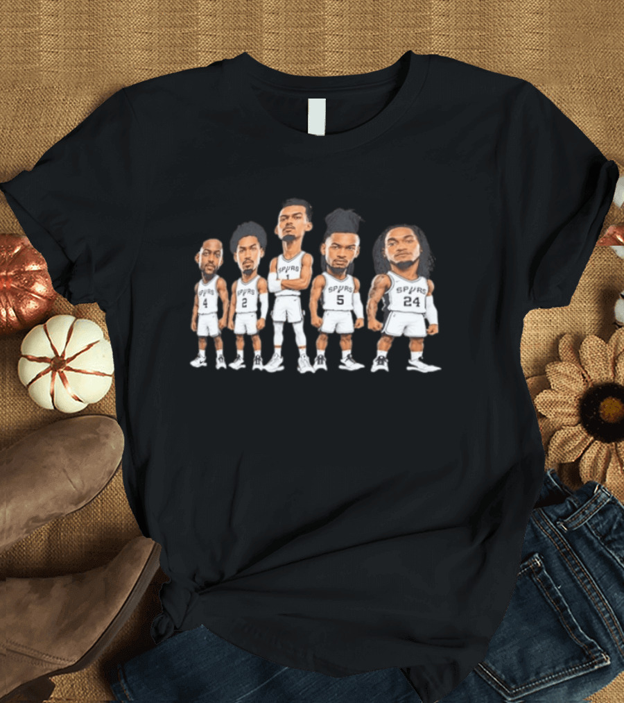 San Antonio Spurs Wembanyama Fox Starting 5 Caricature Players T-Shirt