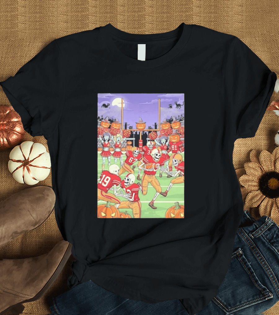 San Francisco 49ers Skeleton Football Halloween Pumpkin Cheerleaders Moon Cats T-Shirt