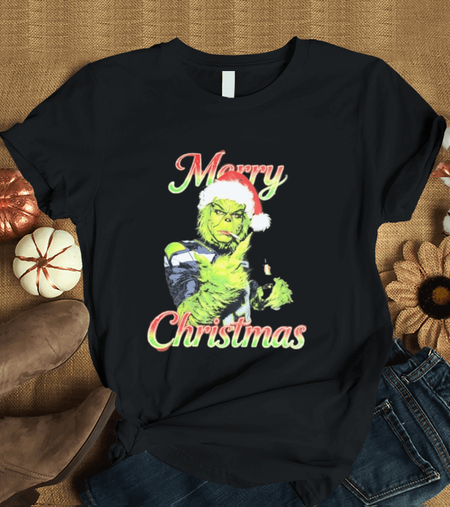 Merry Christmas Seattle Seahawks Grinch Beer Middle Finger T-Shirt