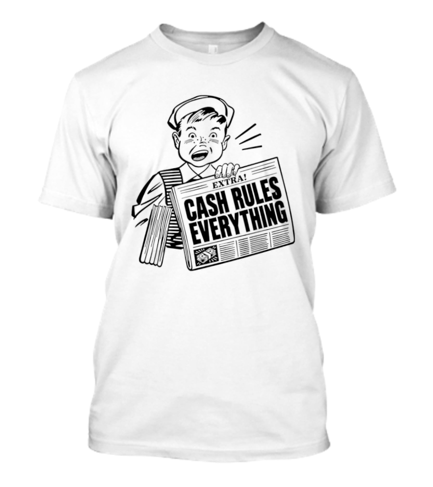 Cash Rules Everything Newspaper Boy Vintage Style Drawing T-Shirt