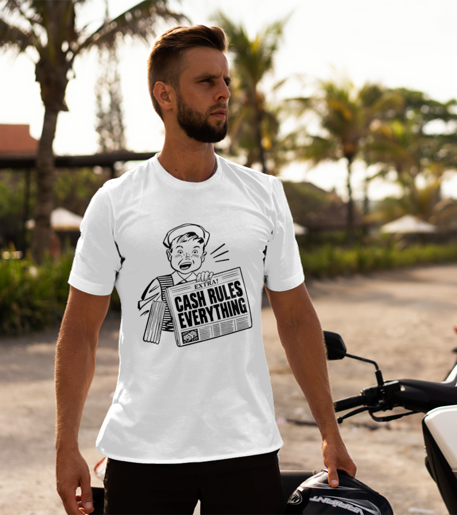 Cash Rules Everything Newspaper Boy Vintage Style Drawing T-Shirt