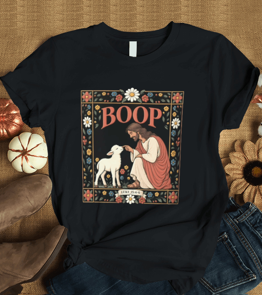 BOOP Luke 15:4 6 Jesus Kneeling Touching Nose Of White Lamb T-Shirt
