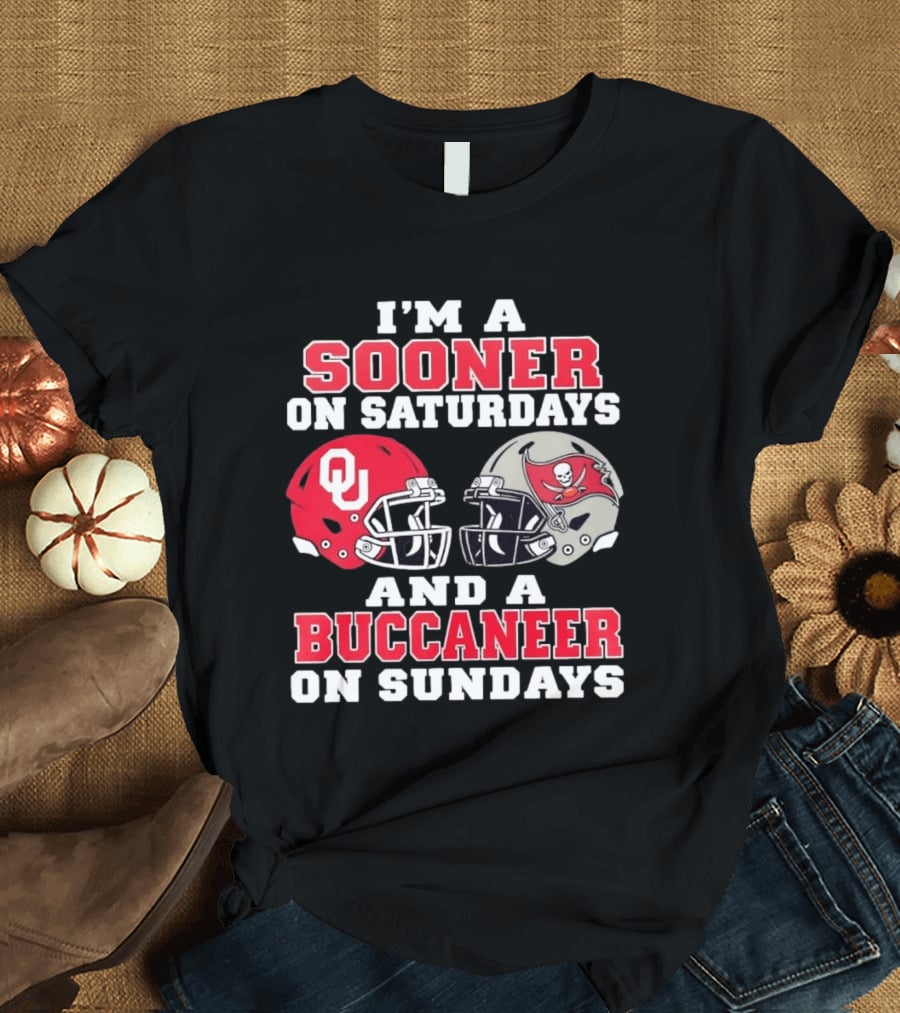 I'm A Sooner On Saturdays And A Buccaneer On Sundays Football Helmets OU Tampa Bay T-Shirt