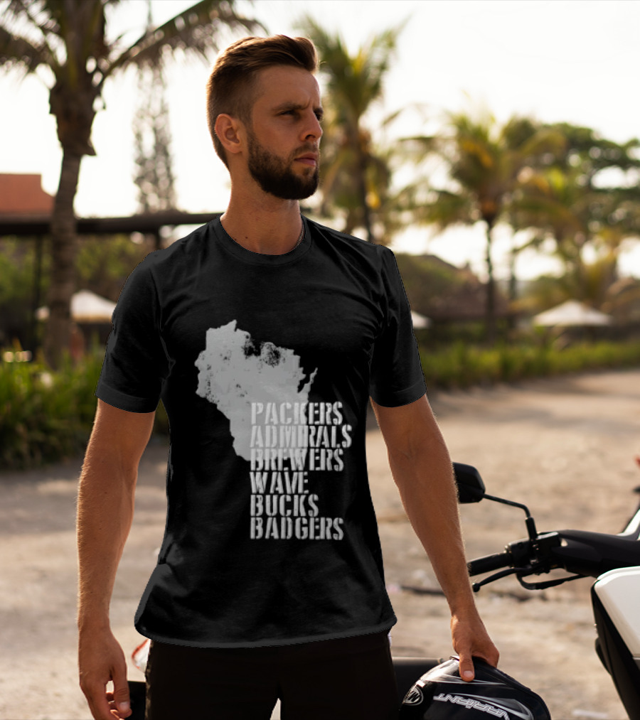 Packers Admirals Brewers Wave Bucks Badgers Wisconsin State Map Stencil T-Shirt