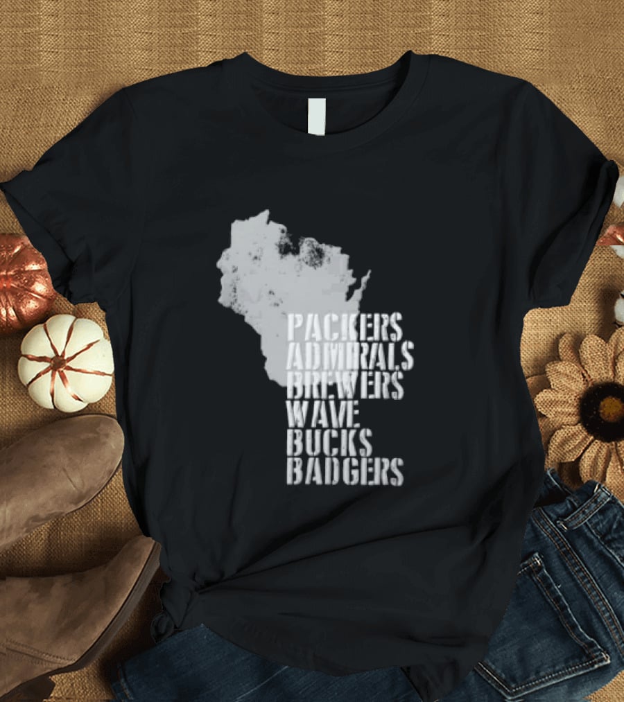 Packers Admirals Brewers Wave Bucks Badgers Wisconsin State Map Stencil T-Shirt