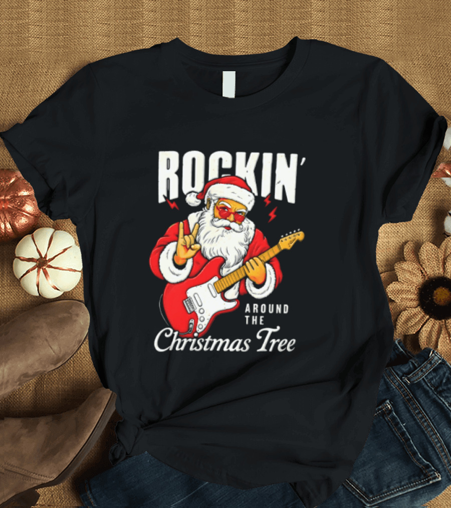 Rockin' Santa Christmas Tree Guitar Holiday T-Shirt