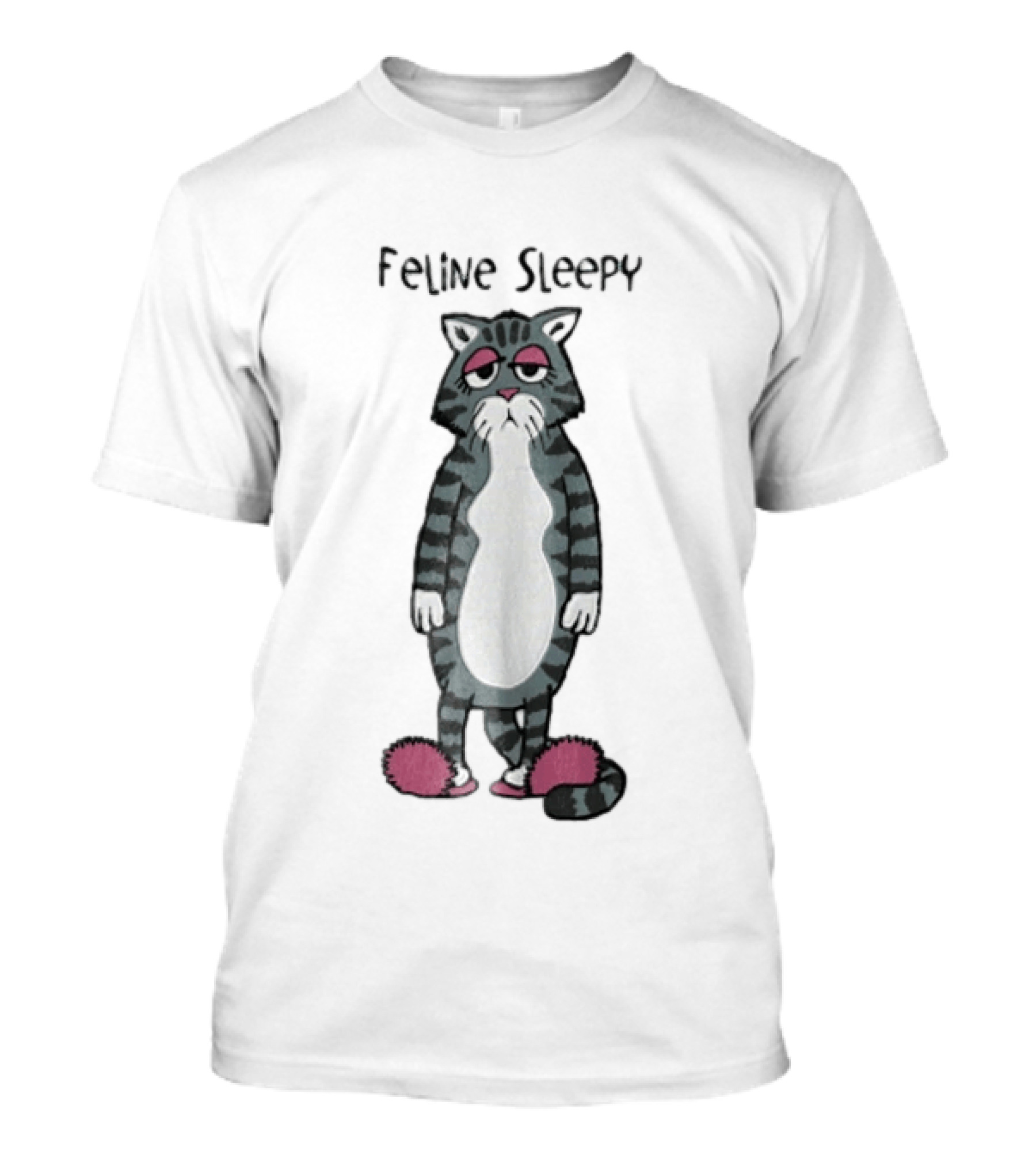 Feline Sleepy Grey Tabby Cat With Pink Slippers T-Shirt