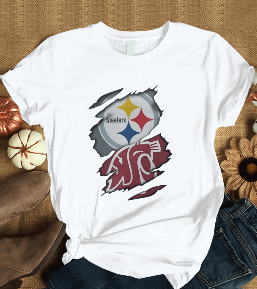 Pittsburgh Steelers Washington State Cougars Ripped Fabric T-Shirt