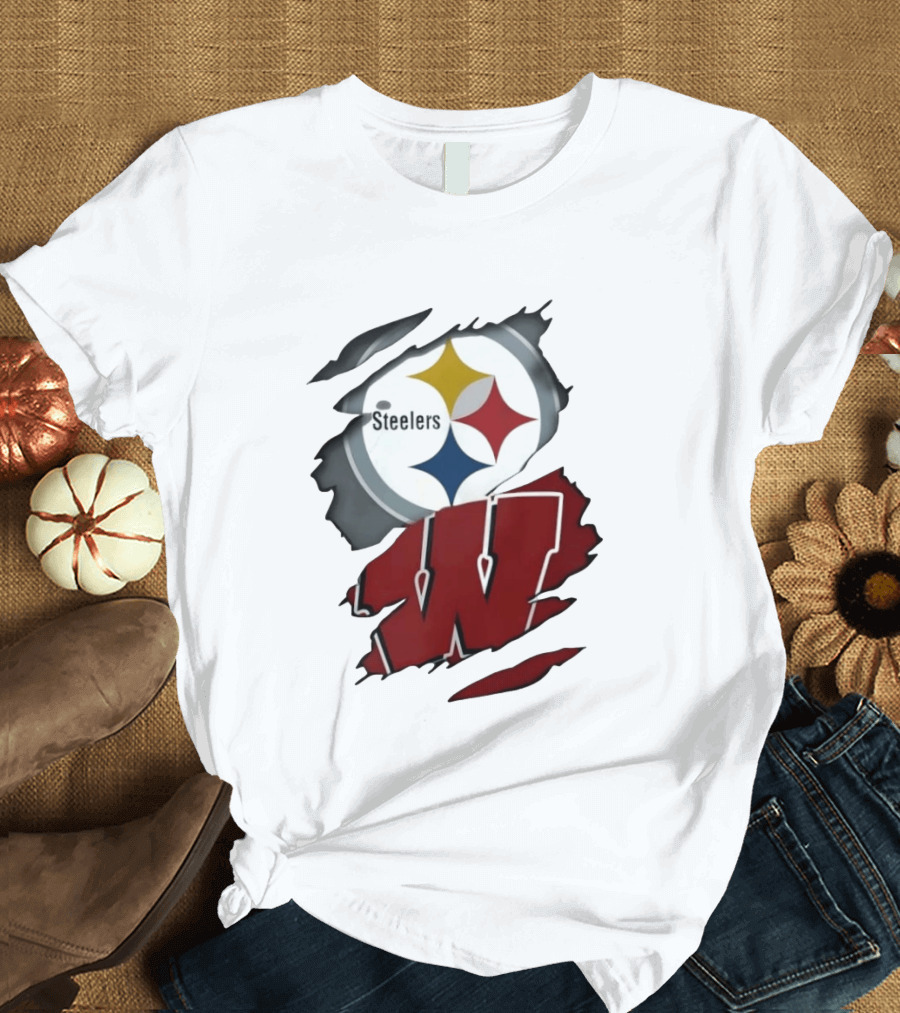 Pittsburgh Steelers Wisconsin Badgers Ripped Fabric T-Shirt