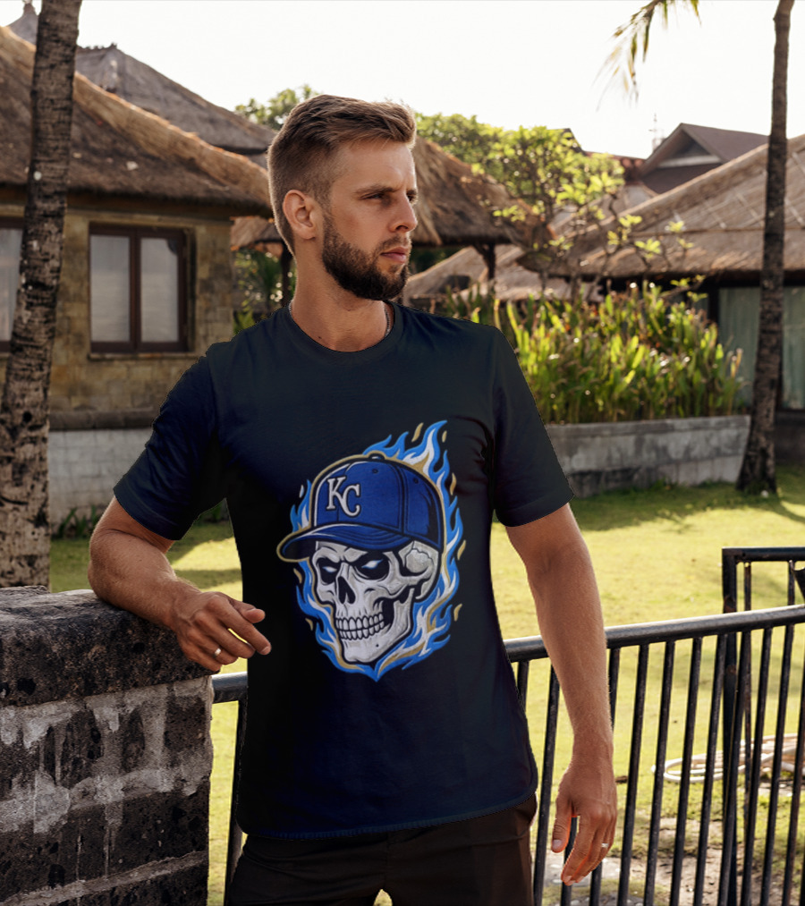 Kansas City Royals Skull Baseball Cap Flame T-Shirt