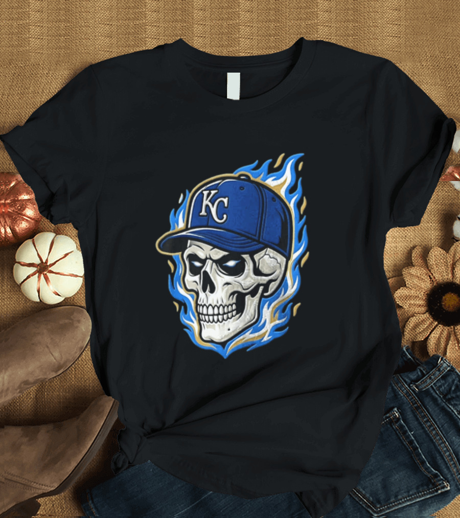 Kansas City Royals Skull Baseball Cap Flame T-Shirt