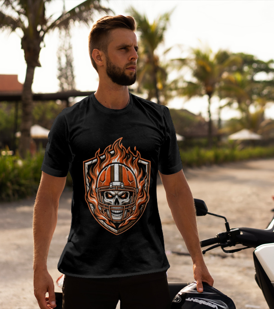 Cleveland Browns Skeleton Football Player Flaming Helmet Shield T-Shirt