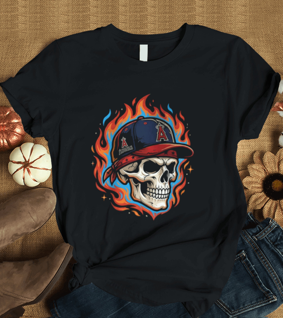 Los Angeles Angels Skull In Baseball Cap With Flames T-Shirt