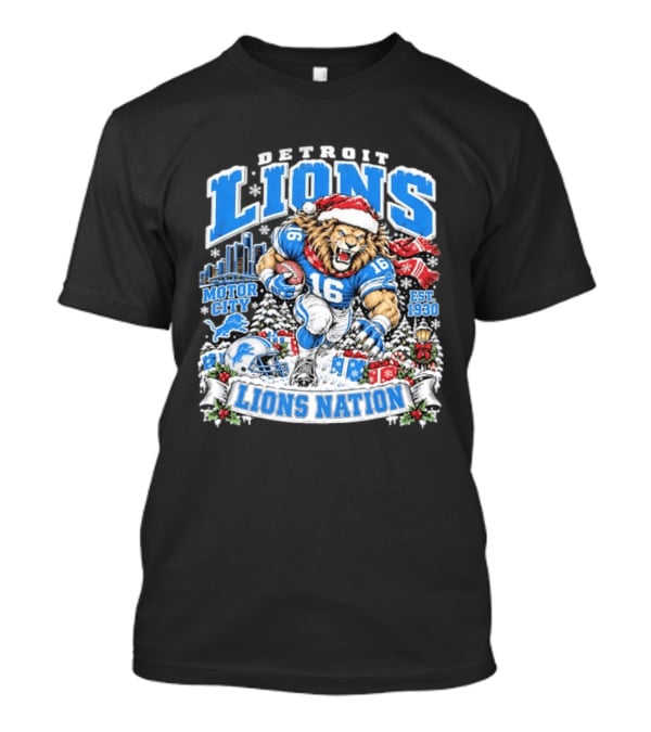Detroit Lions Nation Christmas Motor City Est 1930 Santa Hat Football T-Shirt