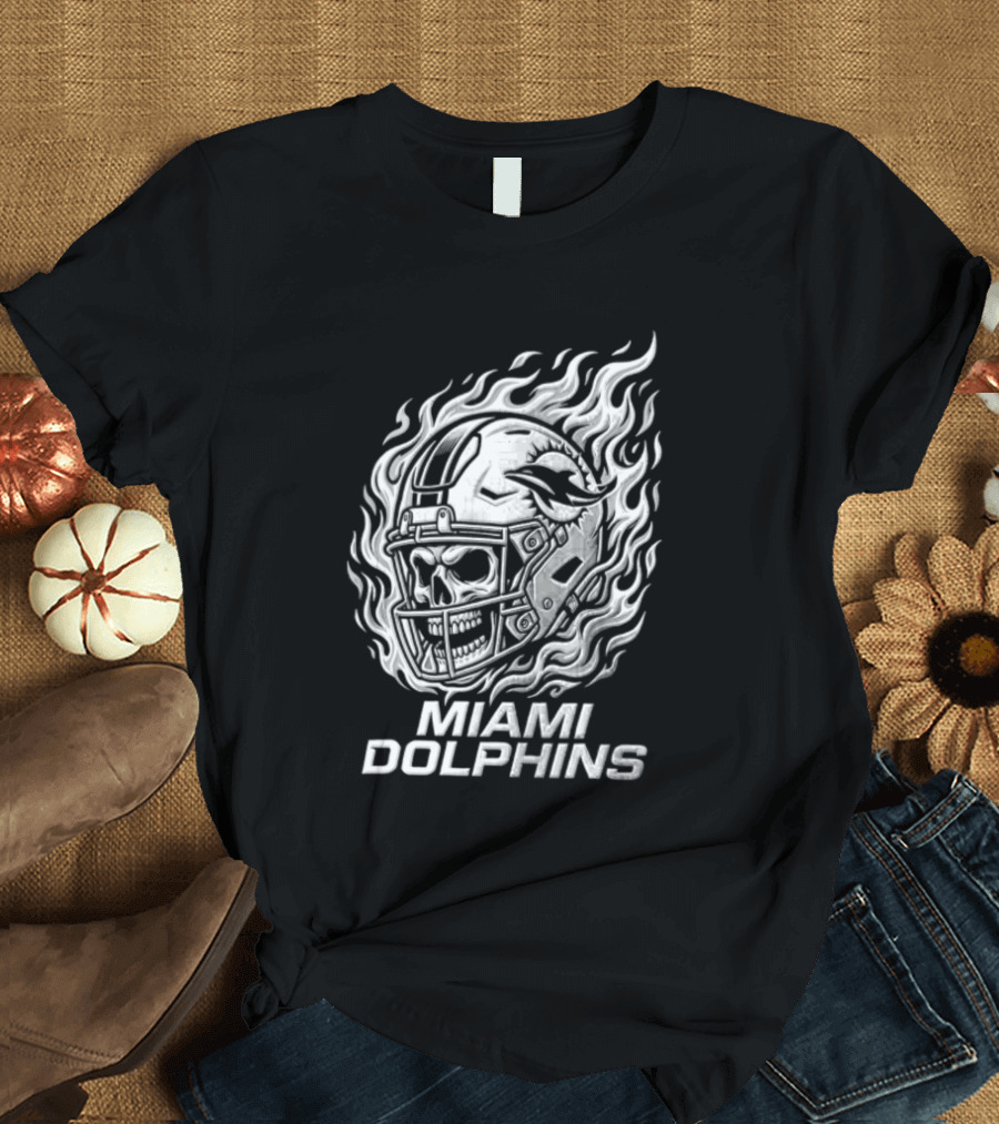 Miami Dolphins Fiery Skeleton Helmet T-Shirt