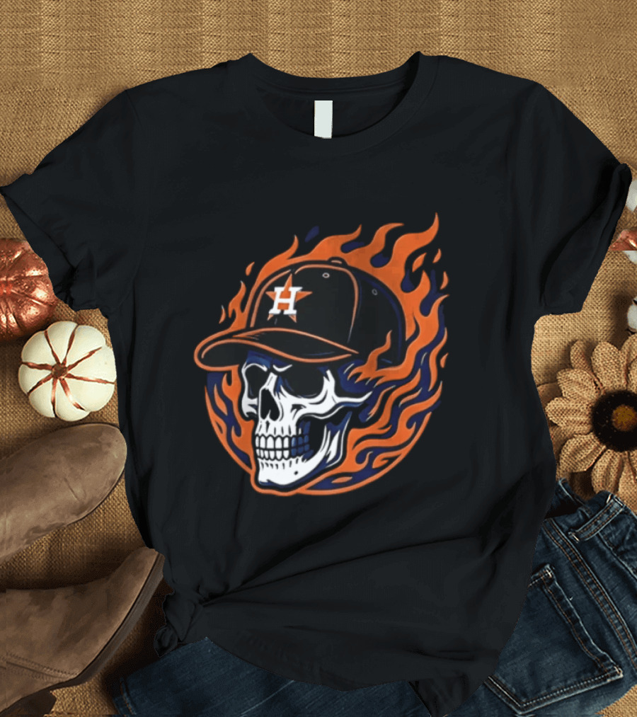 Houston Astros Skull Cap Flames Jesus Trophy T-Shirt