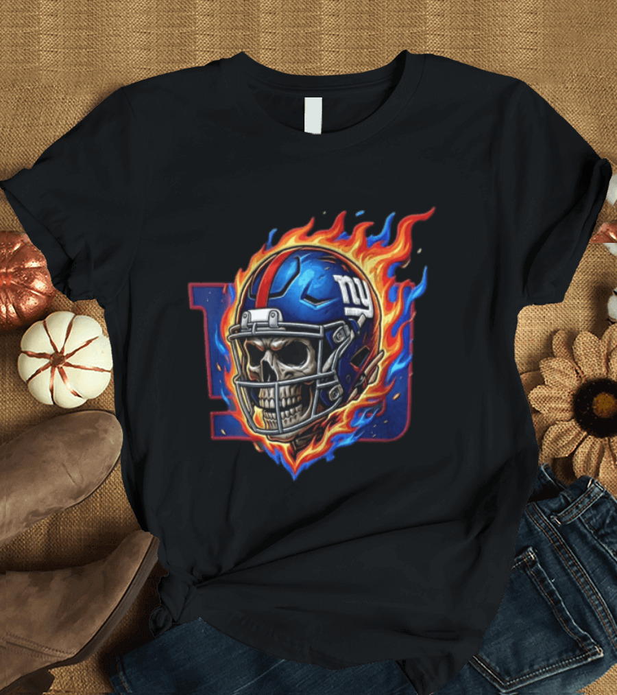 New York Giants Eli Manning Skeleton Flaming Helmet NFL T-Shirt