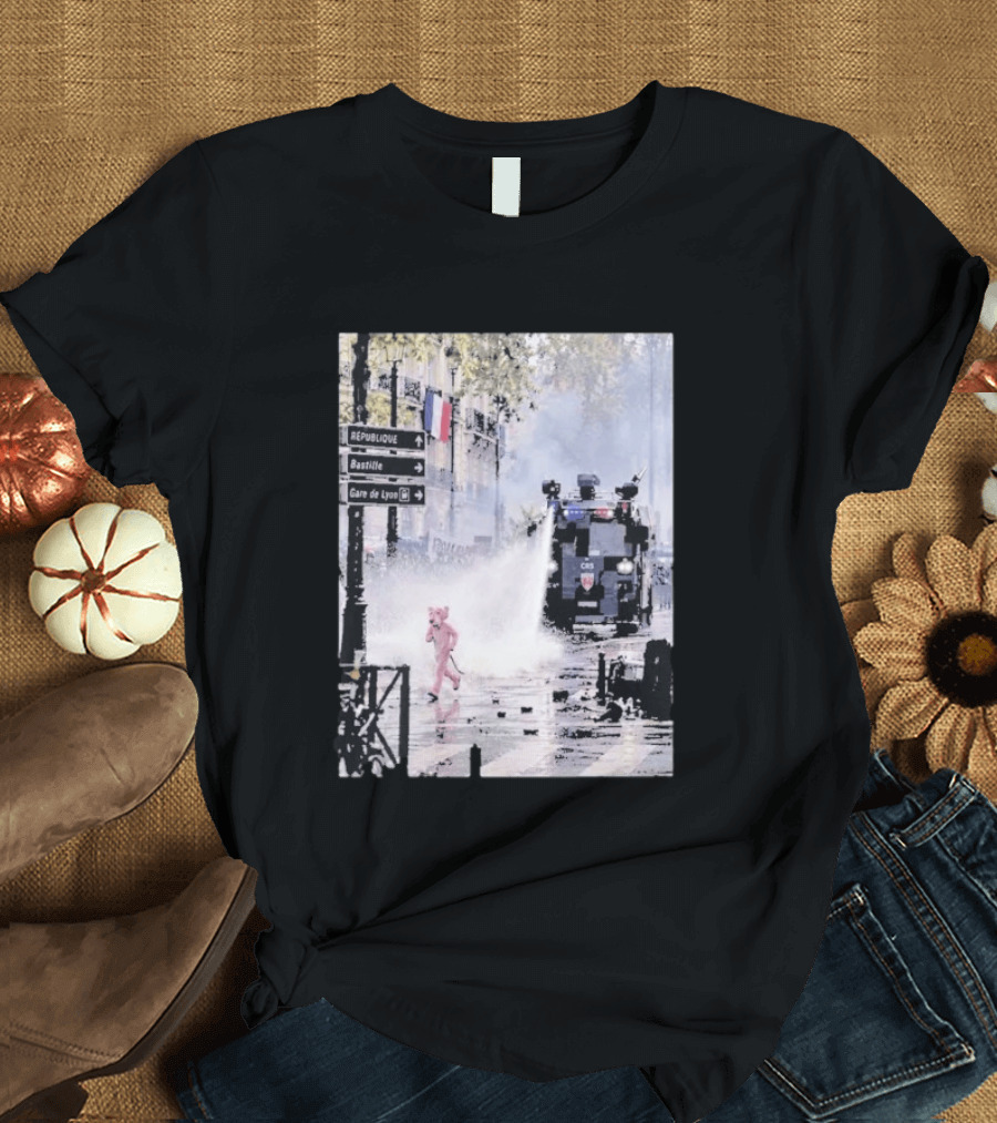 Pink Panther France 2026 Running Through Streets Under Riot Control Water Cannon T-Shirt