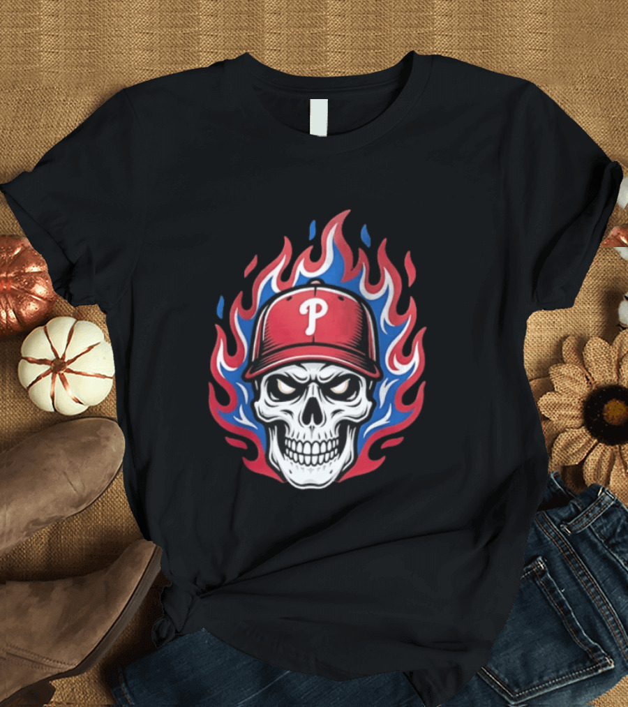 Philadelphia Phillies Skull Baseball Cap Flames T-Shirt