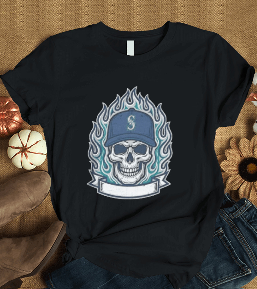 Seattle Mariners Skull Cap Flames Skeleton Angel Cross Wreath T-Shirt