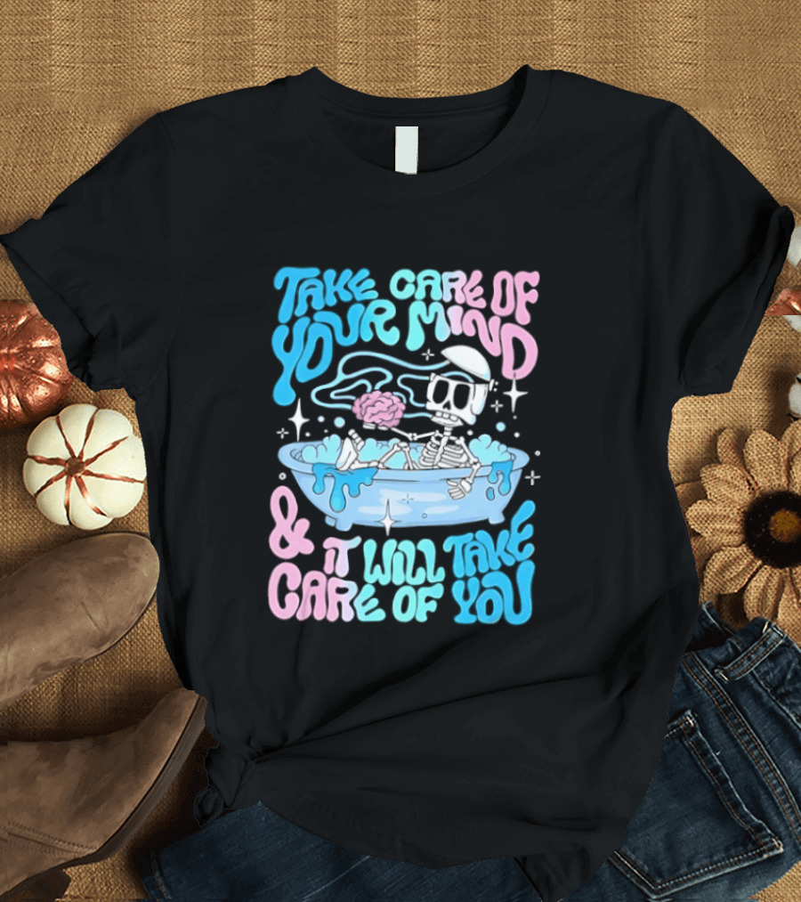 Skeleton Take Care Of Your Mind Neon Pastel Aesthetic T-Shirt