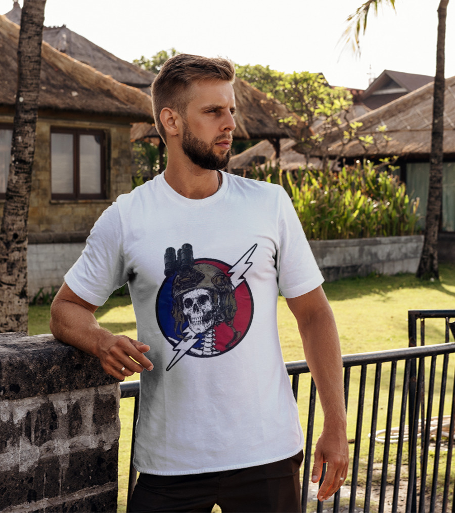 Grateful Dead Carry The Fire Skull With Helmet Lightning Bolt Blue Red Circle T-Shirt