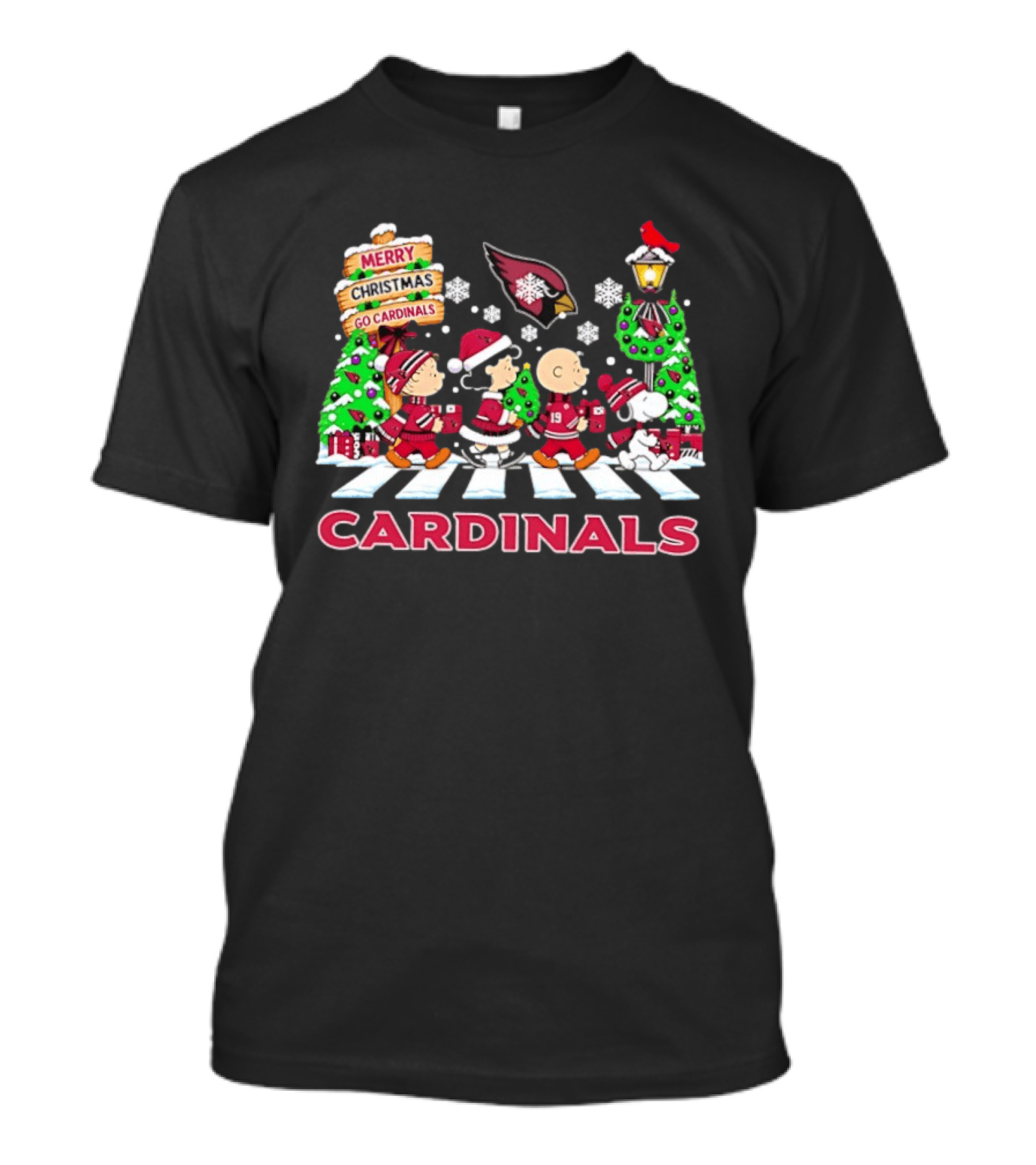 Arizona Cardinals Peanuts Abbey Road Merry Christmas Snowflakes T-Shirt