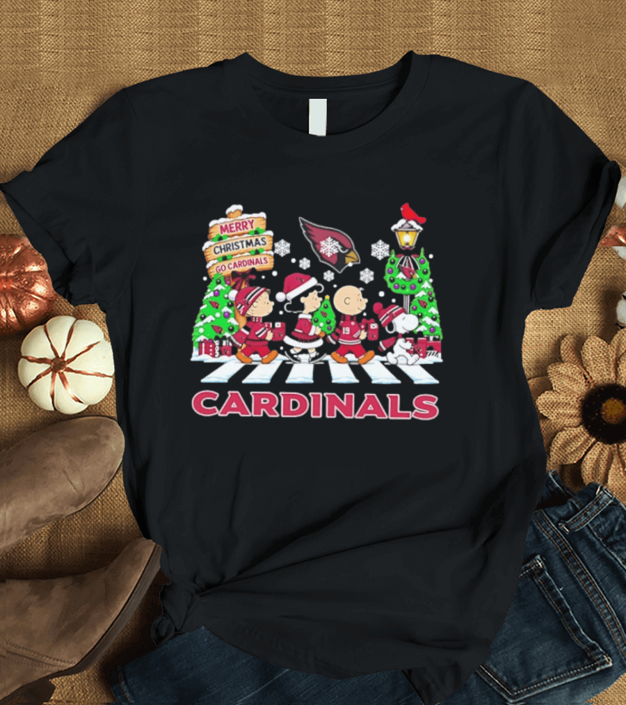 Arizona Cardinals Peanuts Abbey Road Merry Christmas Snowflakes T-Shirt