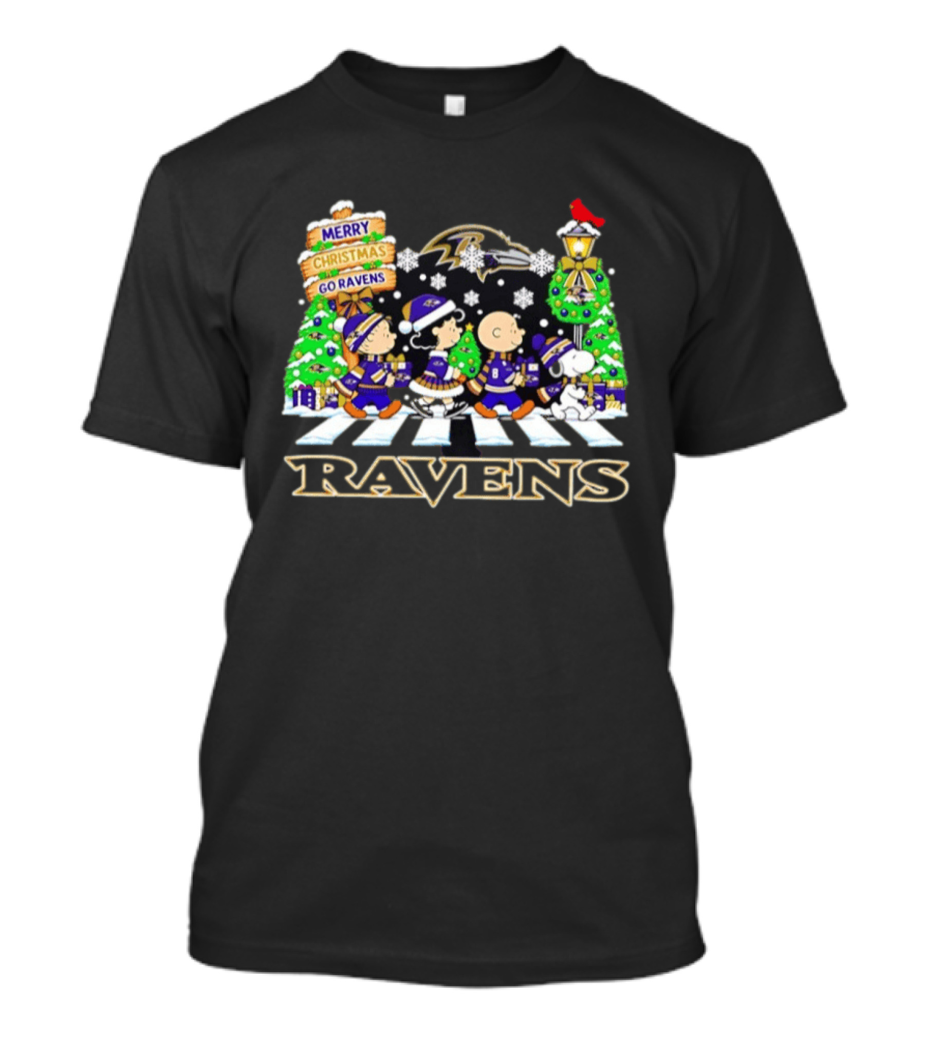 Baltimore Ravens Peanuts Abbey Road Christmas Merry Go Ravens Snoopy Woodstock Charlie Brown T-Shirt