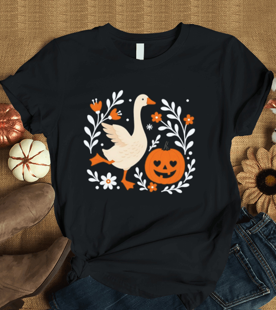 Goose And Pumpkin With Floral Halloween Vibes T-Shirt