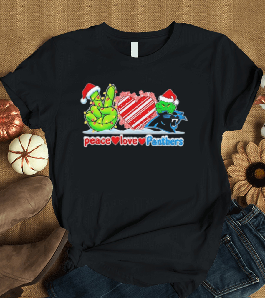 Peace Love Panthers Carolina Christmas Grinch T-Shirt
