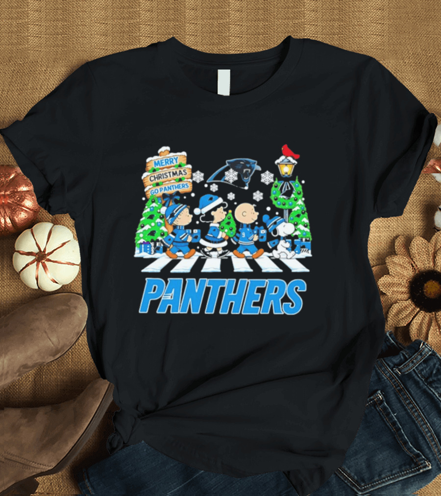 Carolina Panthers Peanuts Abbey Road Christmas Merry Go Panthers T-Shirt