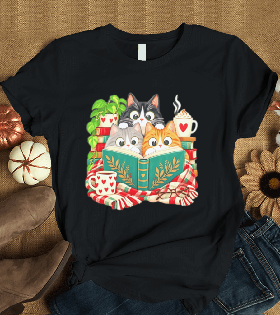 Cats Cozy Reading Books Coffee And Heart S T-Shirt